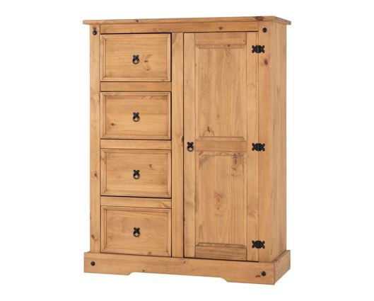 Corona 1 Door 4 Drawer Low Wardrobe - Distressed Waxed Pine