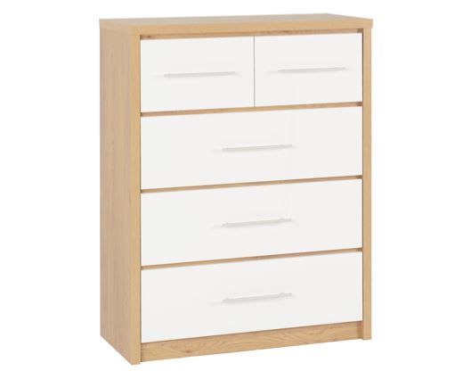 Seville 3+2 Drawer Chest - White High Gloss/Light Oak Effect Veneer