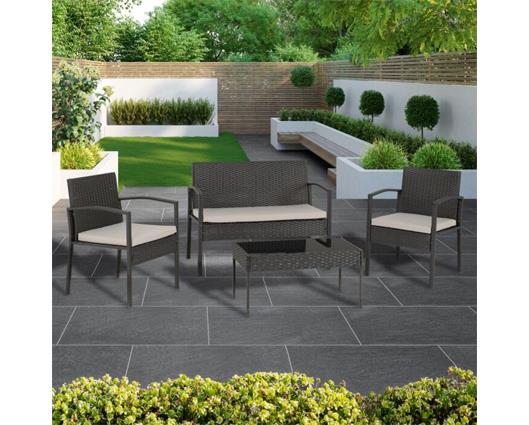 Cedar 4Pc Garden Set - Black Rattan/Grey Fabric/Black Glass