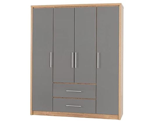 Seville 4 Door 2 Drawer Wardrobe - Grey High Gloss/Light Oak Effect Veneer
