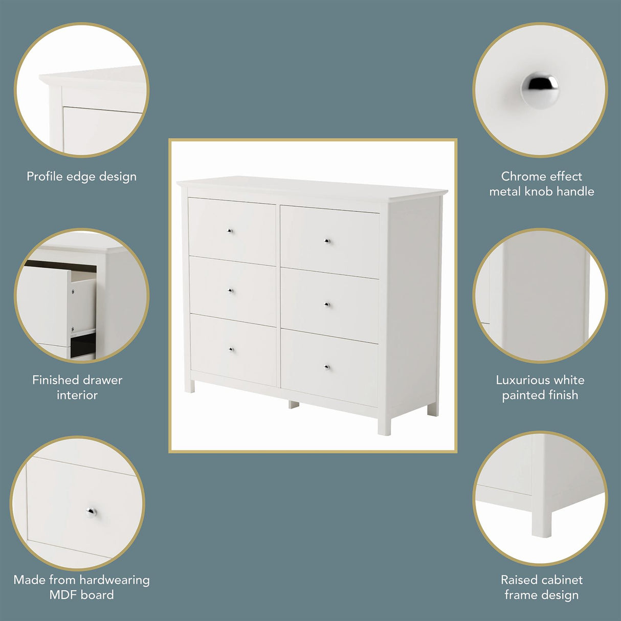 Nairn White 3+3 drawer wide chest of drawers