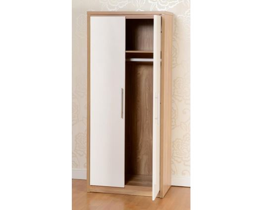 Seville 2 Door Wardrobe - White High Gloss/Light Oak Effect Veneer