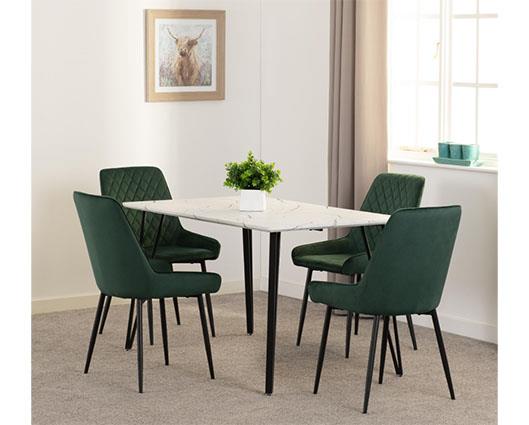 MARLOW & AVERY DINING SET (X4 CHAIRS) - WHITE MARBLE/EMERALD GREEN VELVET