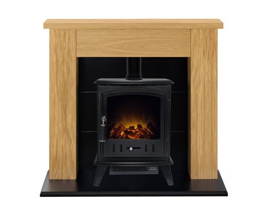 Adam Chester Stove Suite in Oak with Aviemore Electric Stove in Black, 39 Inch