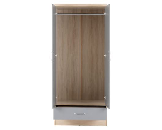 Nevada Mirrored 2 Door 1 Drawer Wardrobe - Grey Gloss/Light Oak Effect Veneer