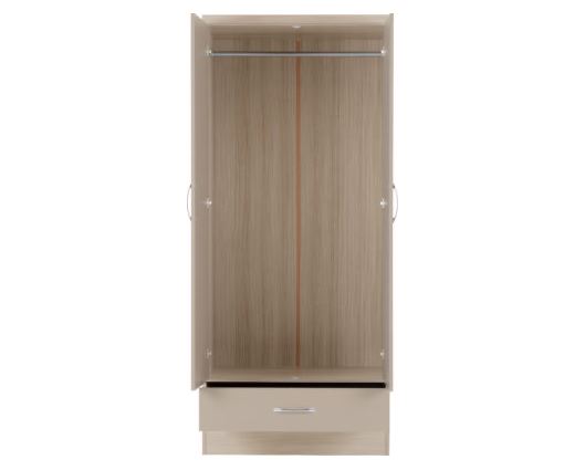 Nevada 2 Door 1 Drawer Wardrobe - Oyster Gloss/Light Oak Effect Veneer