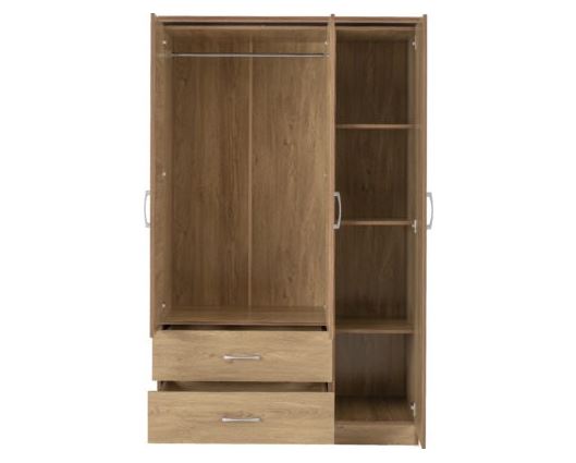 Charles 3 Door 2 Drawer Mirrored Wardrobe - Oak Effect Veneer with Walnut Trim