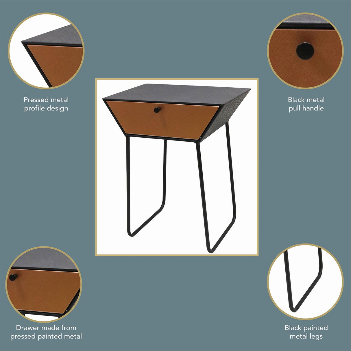 Apollo metal 1 drawer bedside cabinet, copper drawer, black cabinet, handle and legs