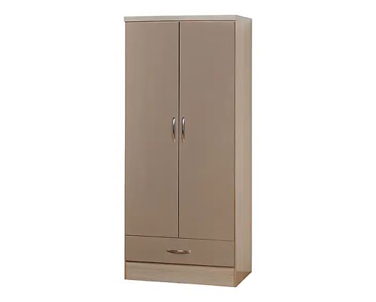 Nevada 2 Door 1 Drawer Wardrobe - Oyster Gloss/Light Oak Effect Veneer