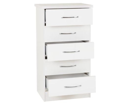 Nevada 5 Drawer Narrow Chest - White Gloss