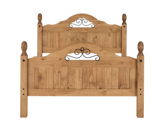 Corona Scroll Double Bed High Foot End - Distressed Waxed Pine
