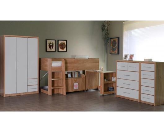 Seville 3 Door 2 Drawer Wardrobe - White High Gloss/Light Oak Effect Veneer