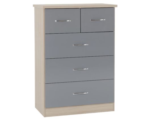 Nevada 3+2 Drawer Chest - Grey Gloss/Light Oak Effect Veneer