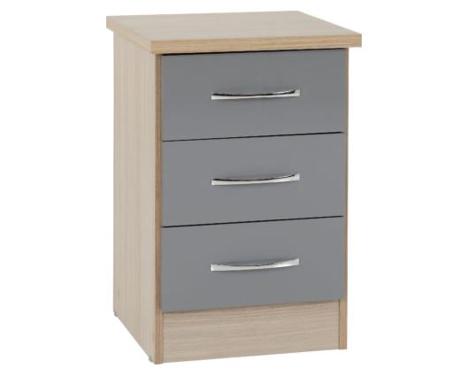 Nevada 3 Drawer Bedside Chest - Grey Gloss/Light Oak Effect Veneer