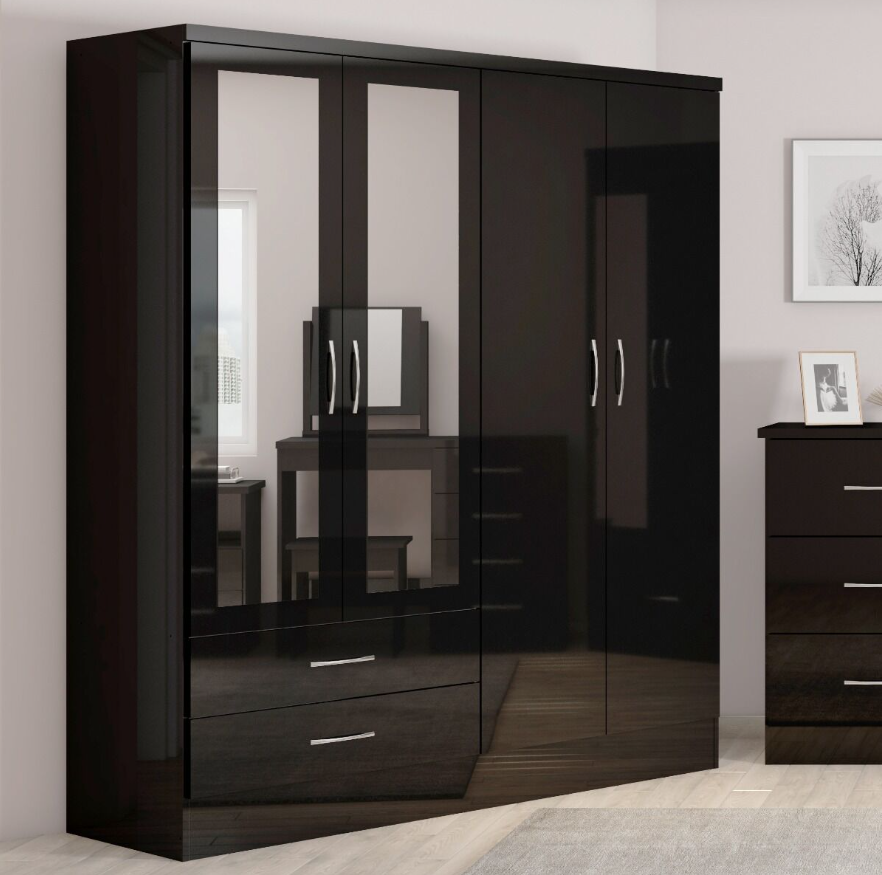 NEVADA 4 DOOR 2 DRAWER WARDROBE - BLACK GLOSS