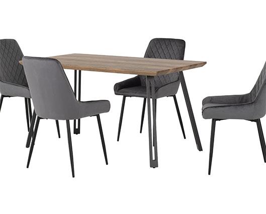 QUEBEC STRAIGHT & AVERY DINING SET (X4 CHAIRS) - MEDIUM OAK EFFECT/GREY VELVET