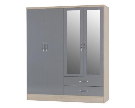 Nevada 4 Door 2 Drawer Mirrored Wardrobe - Grey Gloss/Light Oak Effect Veneer