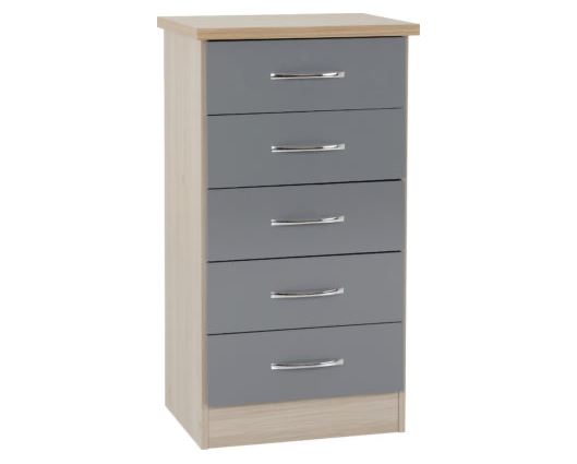 Nevada 5 Drawer Narrow Chest - Grey Gloss/Light Oak Effect Veneer