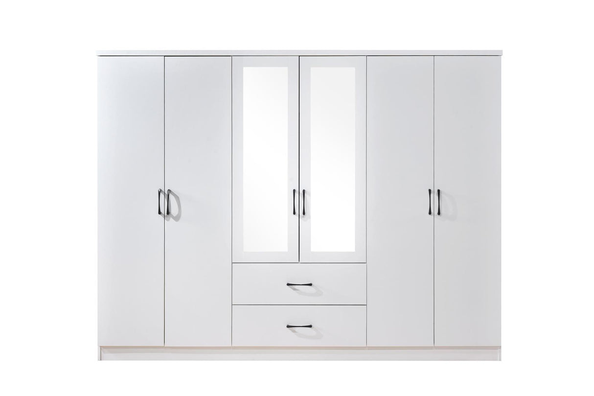 6 Door Wardrobe - White (Black Handles)