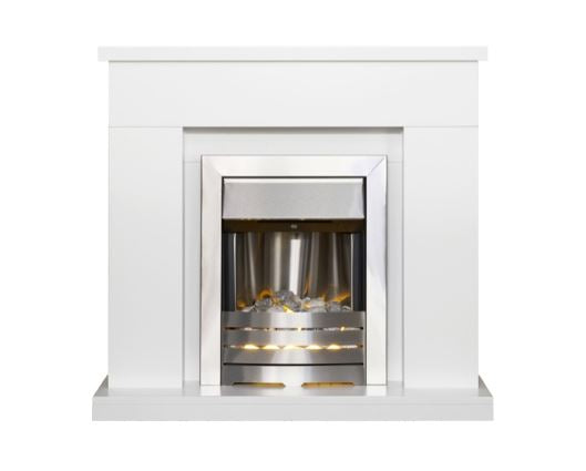 Adam Lomond Fireplace Suite in Pure White with Helios Electric Fire in Brushed Steel, 39 Inch