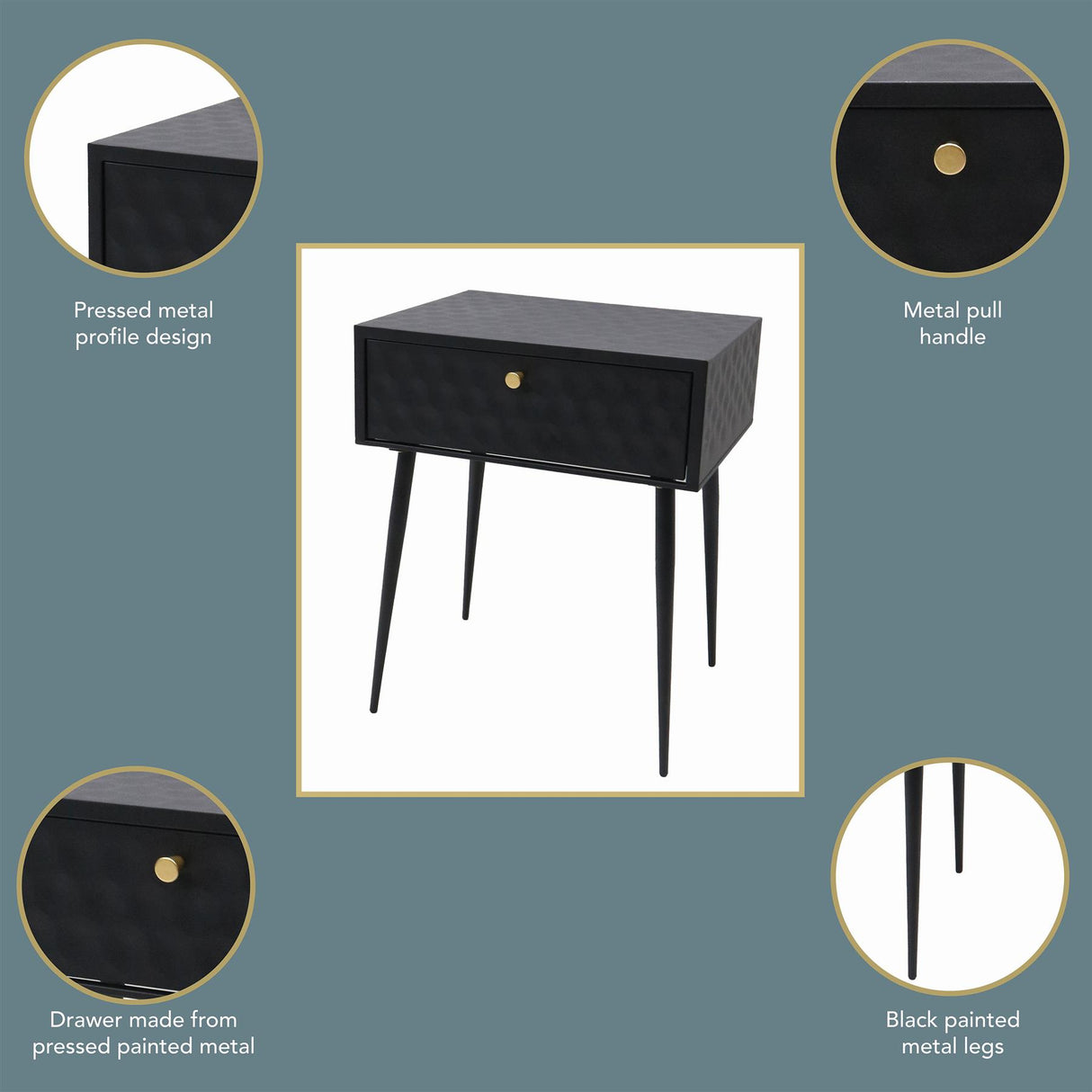 Saturn metal 1 drawer bedside cabinet, black with gold handle