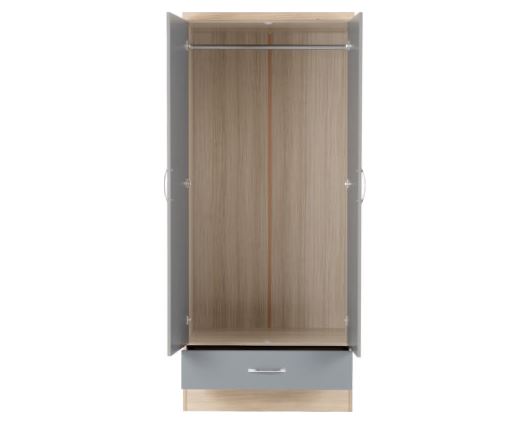 Nevada 2 Door 1 Drawer Wardrobe - Grey Gloss/Light Oak Effect Veneer