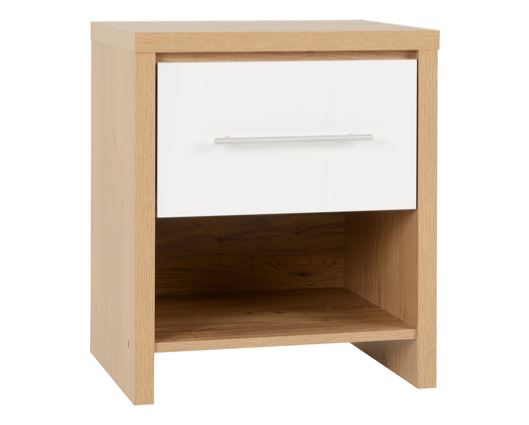 Seville 1 Drawer Bedside Cabinet - White High Gloss/Light Oak Effect Veneer