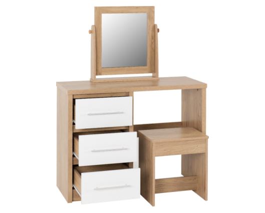 Seville 3 Drawer Dressing Table Set - White High Gloss/Light Oak Effect Veneer