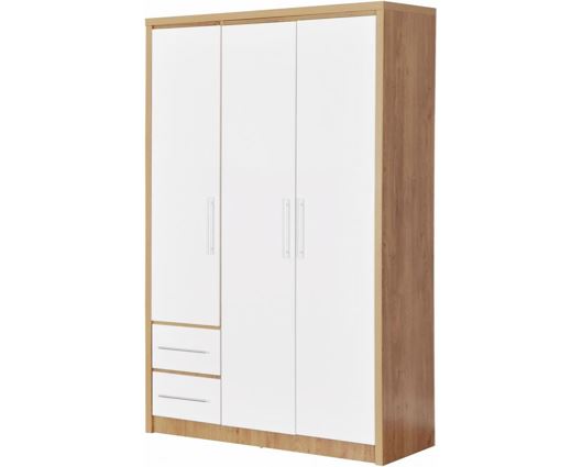 Seville 3 Door 2 Drawer Wardrobe - White High Gloss/Light Oak Effect Veneer
