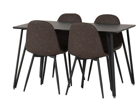 MARLOW & ATHENS DINING SET (X4 CHAIRS) - BLACK MARBLE/BROWN FAUX LEATHER