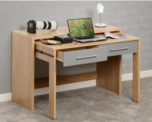 Seville 2 Drawer Slider Desk - Grey High Gloss/Light Oak Effect Veneer