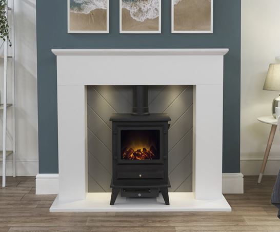Corinth in White & Grey with Lights plus Hudson Stove