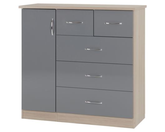 Nevada 5 Drawer Low Wardrobe - Grey Gloss/Light Oak Effect Veneer