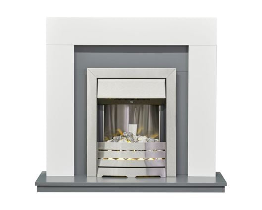 Adam Dakota Fireplace in Pure White & Grey with Helios Electric Fire In Brushed Steel 39 Inch