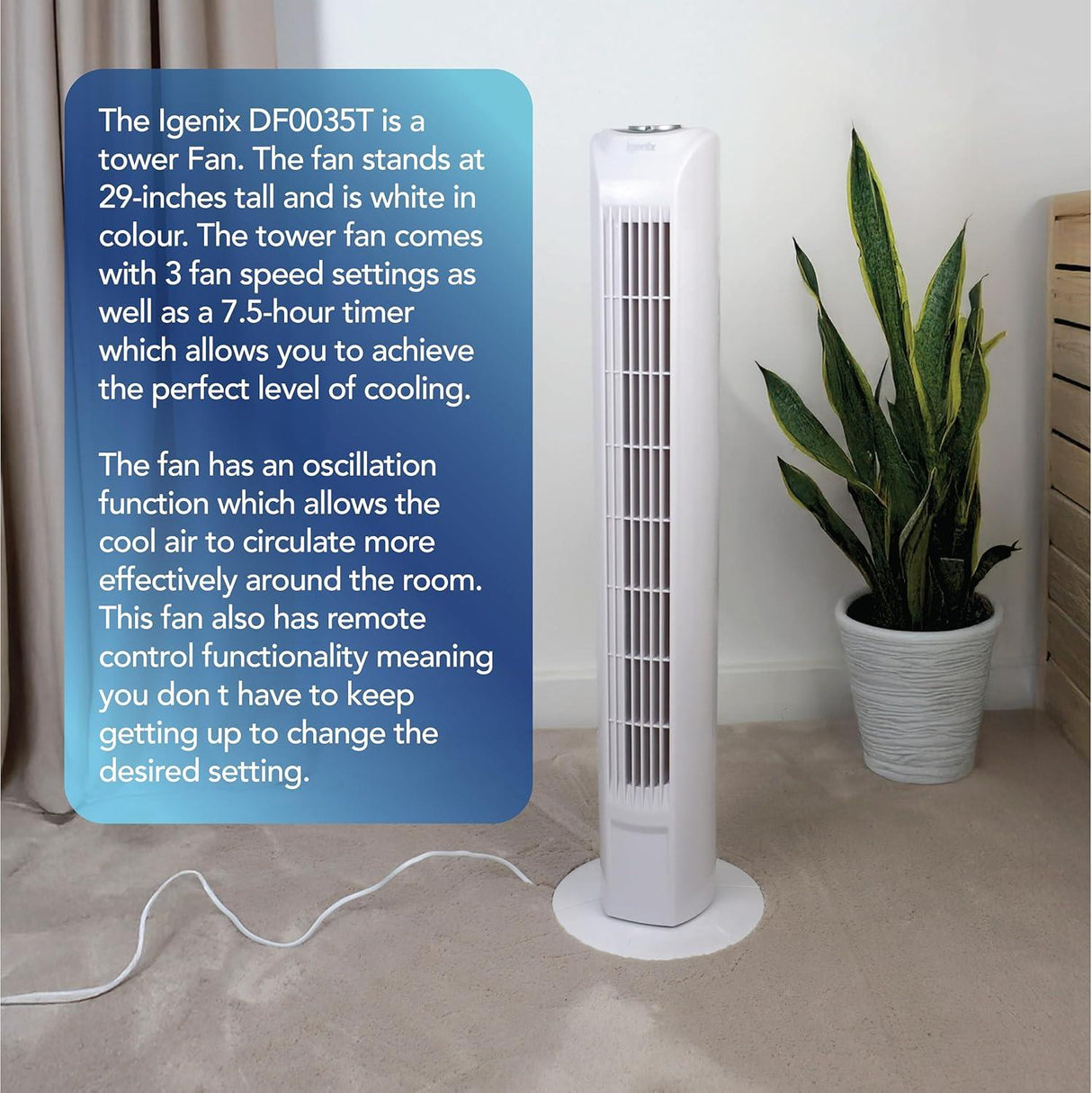 Igenix 30" Tower Fan with 7 Hour Timer and Remote Control - White