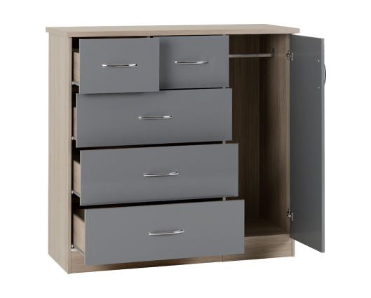 Nevada 5 Drawer Low Wardrobe - Grey Gloss/Light Oak Effect Veneer