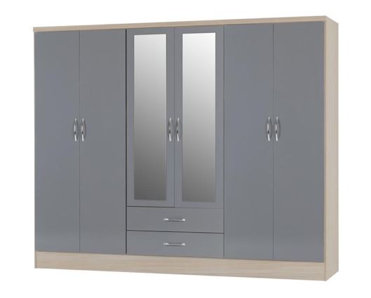 Nevada 6 Door 2 Drawer Mirrored Wardrobe - Grey Gloss/Light Oak Effect Veneer