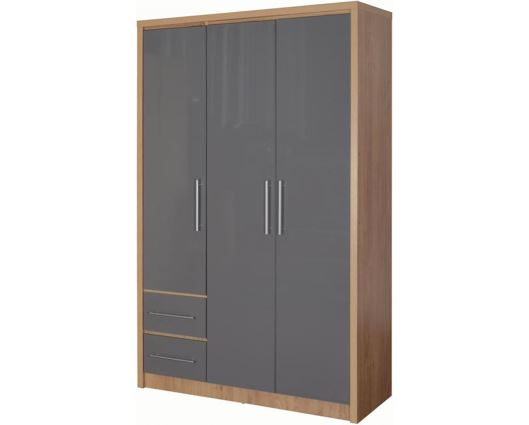Seville 3 Door 2 Drawer Wardrobe - Grey High Gloss/Light Oak Effect Veneer