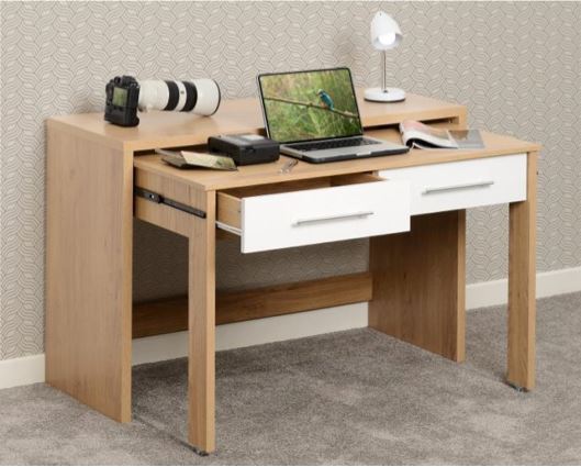 Seville 2 Drawer Slider Desk - White High Gloss/Light Oak Effect Veneer
