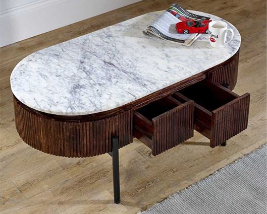 Opal Mango Wood Rectangular Fluted Coffee Table With Marble Top & Metal Legs