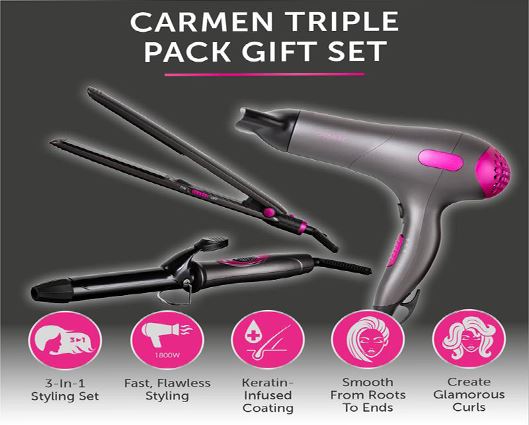 Carmen C81128 Neon Triple Pack Gift Set with DC Hair Dryer, 25 mm Curling Tong, Hair Straightener, Pink and Graphite