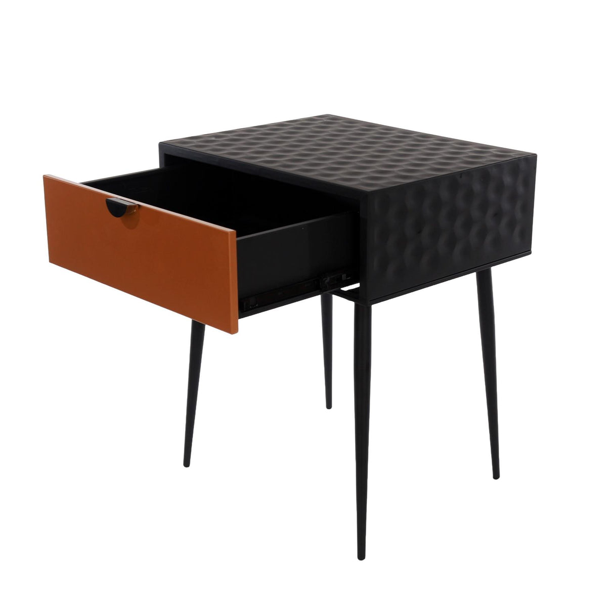 Jupiter metal 1 drawer bedside cabinet, copper drawer with black handle legs