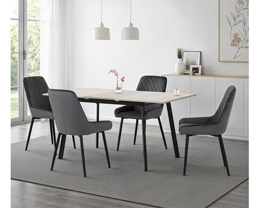 AVERY EXTENDING DINING SET (X4 CHAIRS) - CONCRETE/GREY VELVET