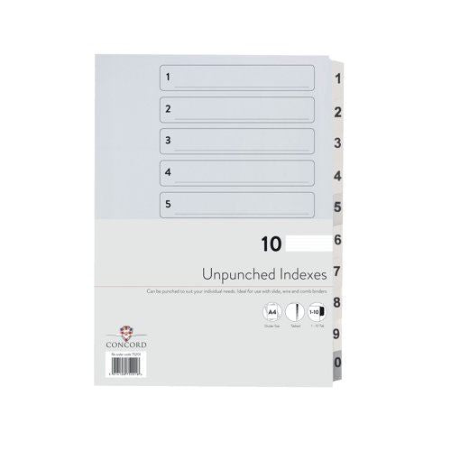 Concord Unpunched Index 1-10 A4 160gsm White (Pack of 10) 75201