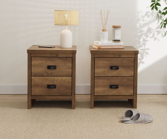 Boston 2 Drawer Bedside Table Pair Knotty Oak