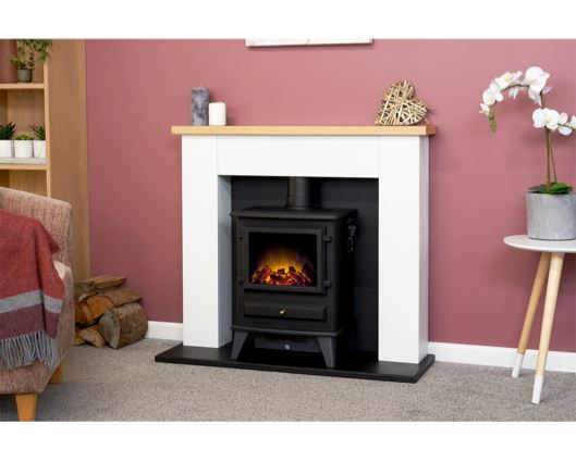 Adam Chester Fireplace in Pure White with Hudson Electric Stove in Black, 39 Inch