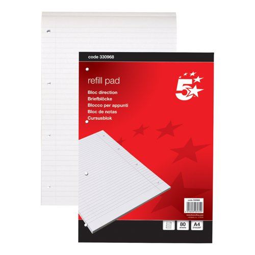 5 Star Office Refill Pad Headbound 60gsm Ruled Margin Punched 4 Hole 160pp A4 Red&#47;White (Pack of 10)