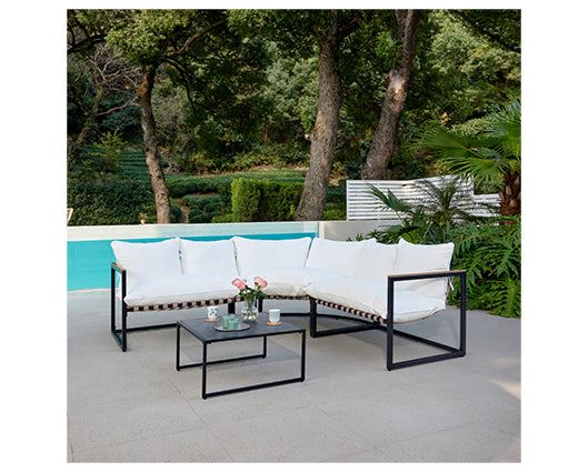 Marbella Black Corner Set,Polywood Table,Ivory Cushion+Cover