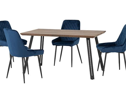 QUEBEC STRAIGHT & AVERY DINING SET (X4 CHAIRS) - MEDIUM OAK EFFECT/SAPPHIRE BLUE VELVET