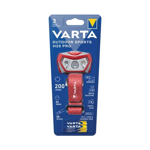 Varta Outdoor Sports H20 Pro Head Torch 3xAAA 52 Hours Run Time Red&#47;Grey 17650101421